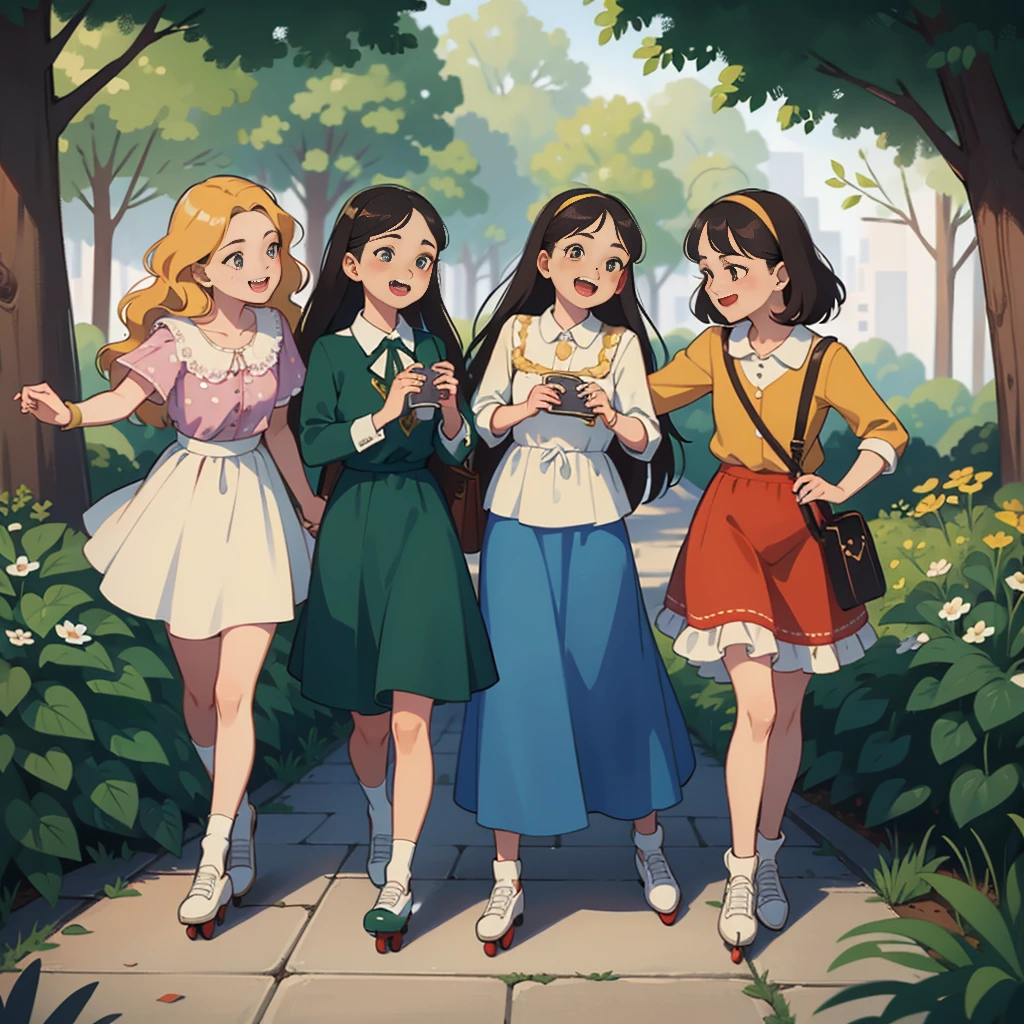 Capture the essence of Pre-Raphaelism with a group of tween friends, elegantly dressed in retro attire, skating and laughing along a sunlit promenade, carrying colorful roller skates and vintage boomboxes in hand.