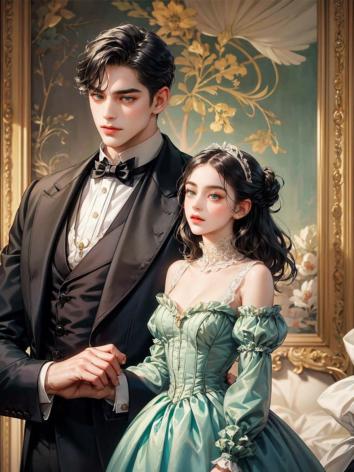 Couple, 1 girl 1 boy. Different hair color, chignon black hair and green eyes, small , victorian era unglued dress, short black hair, wavy hair and (sky blu eyes) , male Victorian era dress. They look at the viewers. Background inside of a hall