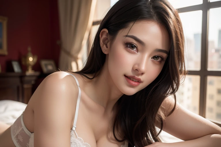A gorgeous busty woman, beautiful detailed eyes, beautiful detailed lips, extremely detailed face, long eyelashes, lingerie, nightie, beautiful detailed smile, beautiful detailed teeth, POV, lover, cinematic dramatic lighting, (best quality,4k,8k,highres,masterpiece:1.2),ultra-detailed,(realistic,photorealistic,photo-realistic:1.37),HDR,UHD,studio lighting,ultra-fine painting,sharp focus,physically-based rendering,extreme detail description,professional,vivid colors,bokeh,portrait,photorealistic,cinematic