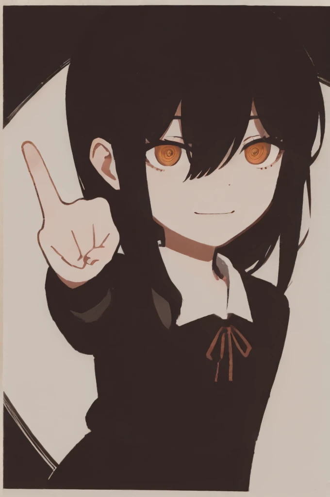 1 girl, alone, Nayuta (chainsaw man), black hair, x hair ornament, long hair, hair ornament, orange eyes, looking at viewer, long sleeves, dress, uniform, smile, ribbon hair, closed mouth, black shirt, hair between eyes, traditional media, closed fist (pointing middle finger)