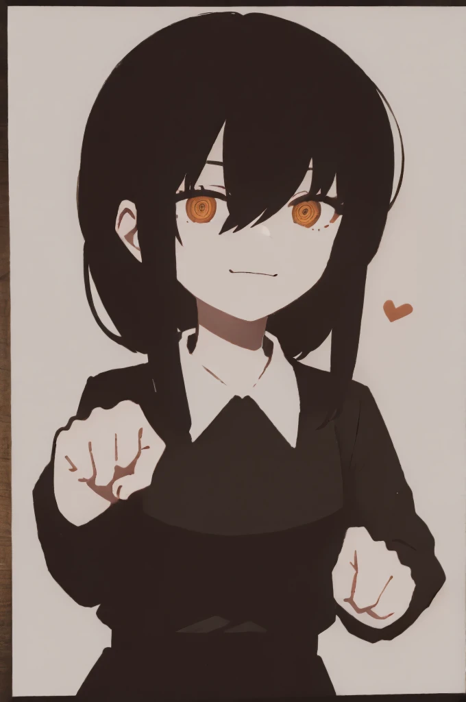 1 girl, alone, Nayuta (chainsaw man), black hair, x hair ornament, long hair, hair ornament, orange eyes, looking at viewer, long sleeves, dress, uniform, smile, ribbon hair, closed mouth, black shirt, hair between eyes, traditional media, closed fist (pointing middle finger)