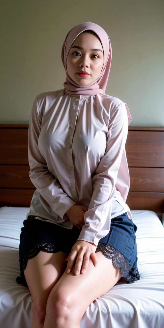 1 matured malay girl wear transparent wet lace formal shirt and tight slack, bedroom, upper body, ((huge breast:1.1)), seducing, sexy pose, (8k, RAW photo, best quality, masterpiece:1.2), (realistic, photo-realistic:1.37), overexposed breasts, extremely detailed fully erected, wide hips, sitting on bed,