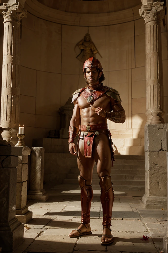 Generates an image of an ancient warrior named {{char}} in a roman temple. He is muscular and wears decorated Trojan armor, with a red plumed helmet. He is standing in front of an altar adorned with flowers and candles, with hands joined in prayer. His expression is one of devotion and respect. In the background, soldiers are seen in formation and an ethereal light that suggests the divine presence of {{user}}, the deity of peace and nature.