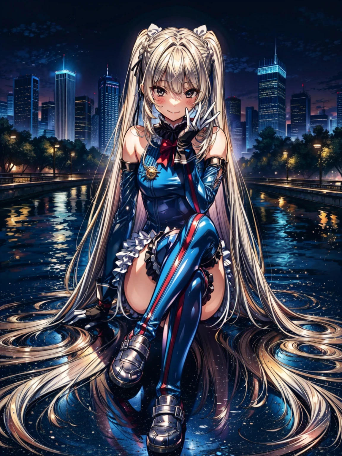 finest masterpiece, Super detailed, Highest quality, Sharp focus, 12k, ultra hi resolution picture, big ,12k,Perfect Anatomy, Highest quality, Marie Rose,Wicked Smile,Provocative attitude
,,Wicked Smile,Anime Style,(Frilled swimsuit, Knee socks, Removed sleeve), (Anime Style:1.4) ,
,(White fingers:1.1,Black gloves),
Hollow Eyes,,One Girl、(Futuristic cityscape),,(Very long hair:1.6),(whole body:1.3),
