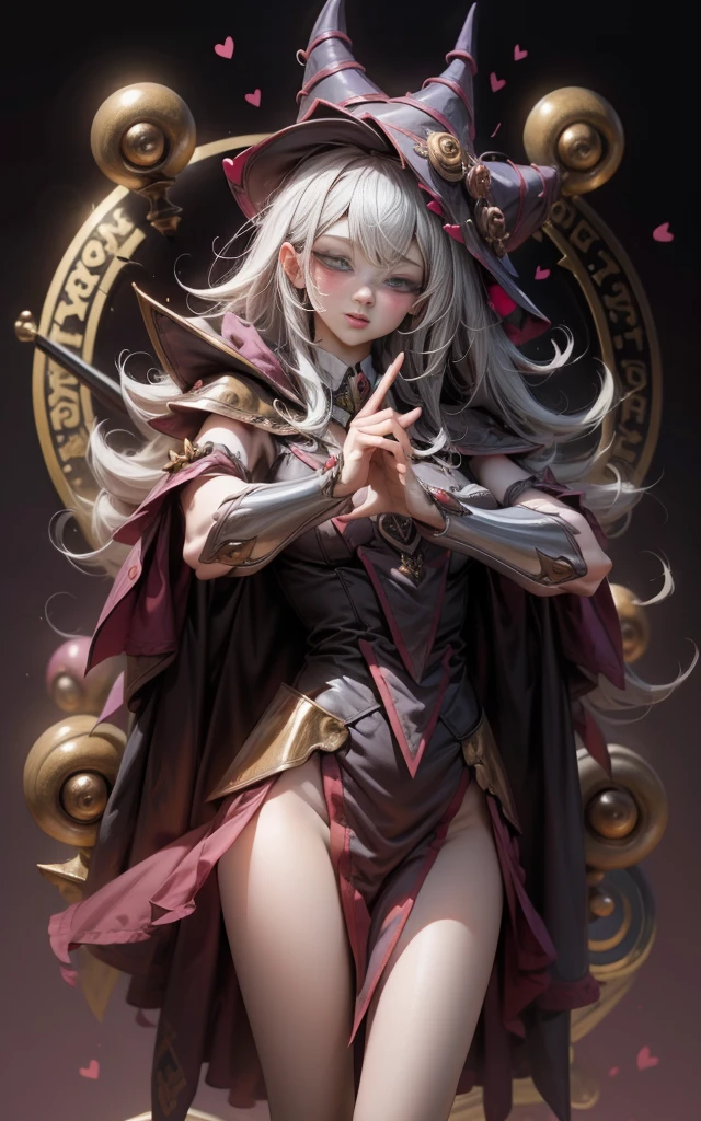 Dark Wizard Gils. Levitating between his legs, Pose Sujestiva, sexy and innocent. Hearts and magic background in circles....... Wink an eye and blow a kiss. beautiful and flirtatious