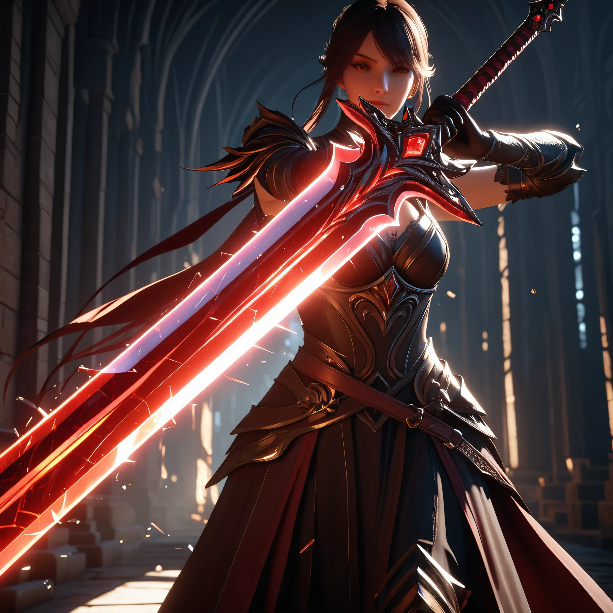 shattered glass,broken,refraction,Reflective,Light and Shadow Art,1 Girl half body close-up,Blurred foreground,Dynamic Action,Motion Blur,Luminescence(Giant Long Sword:1.8),Red light,Realistic sword,Broad blade,3d ,Unreal Engine,Rendering,scary shadows