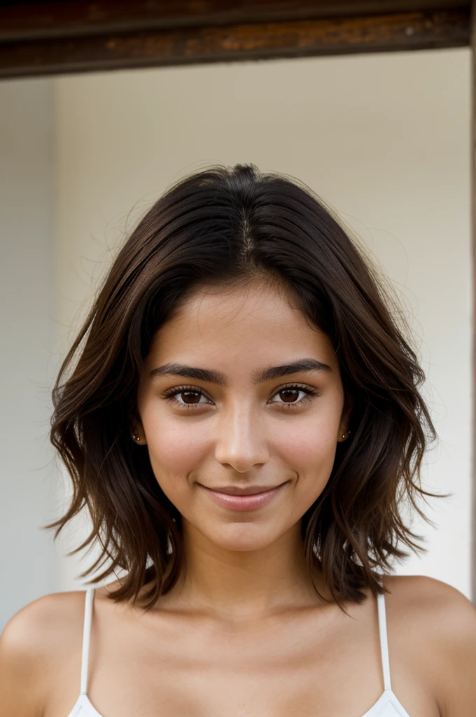 Femme mexicaine, 20 ans, cheveux ondulés, peau brune, yeux sombres, sourire, vêtements d'affaires mexicains, réaliste, avec une expérience dans un marché dynamique, 8k super réaliste, detallada y réaliste. (A 20-year-old Femme mexicaine, cheveux ondulés, peau bronzée, yeux sombres, souriant, porter une tenue decontracté pour voyaher, fond d'un aéroport dynamique, de haute qualité et réaliste.)(tout le corps apparant sur la photo)