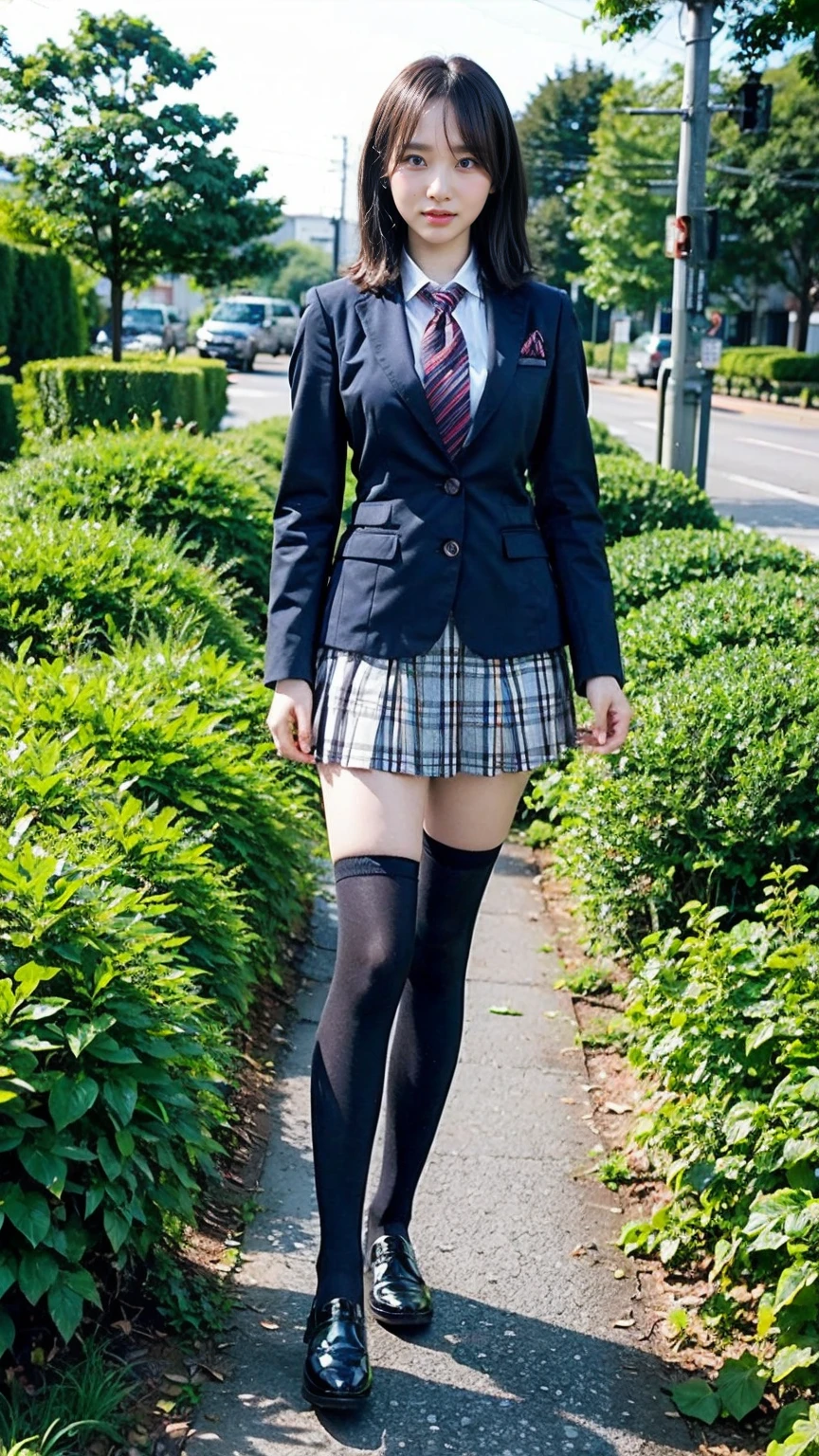 (8K、RAW Photos、Highest quality、masterpiece:1.2)、(Realistic、Realistic)、1 Girl、((blackチェックミニスカート、High school uniform、blazer、Navy Socks、loafers、Medium Hair、black、Thin legs、garden、View from the front、Looking into the camera、Stand with hands on hips))、cute