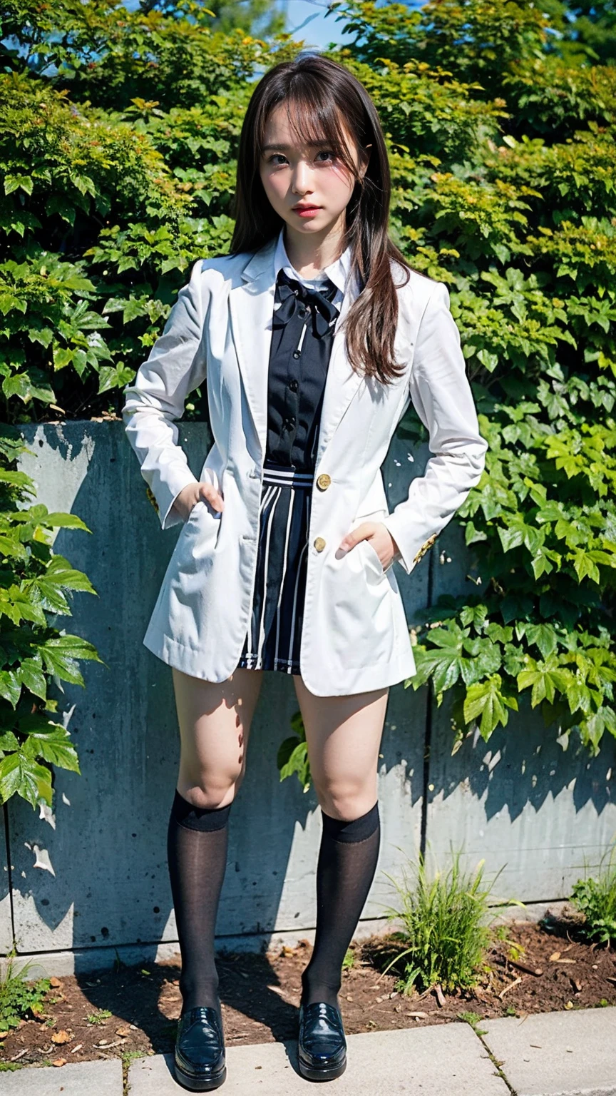 (8K、RAW Photos、Highest quality、masterpiece:1.2)、(Realistic、Realistic)、1 Girl、((blackチェックミニスカート、High school uniform、blazer、Navy Socks、loafers、Medium Hair、black、Thin legs、garden、View from the front、Looking into the camera、Stand with hands on hips))、cute
