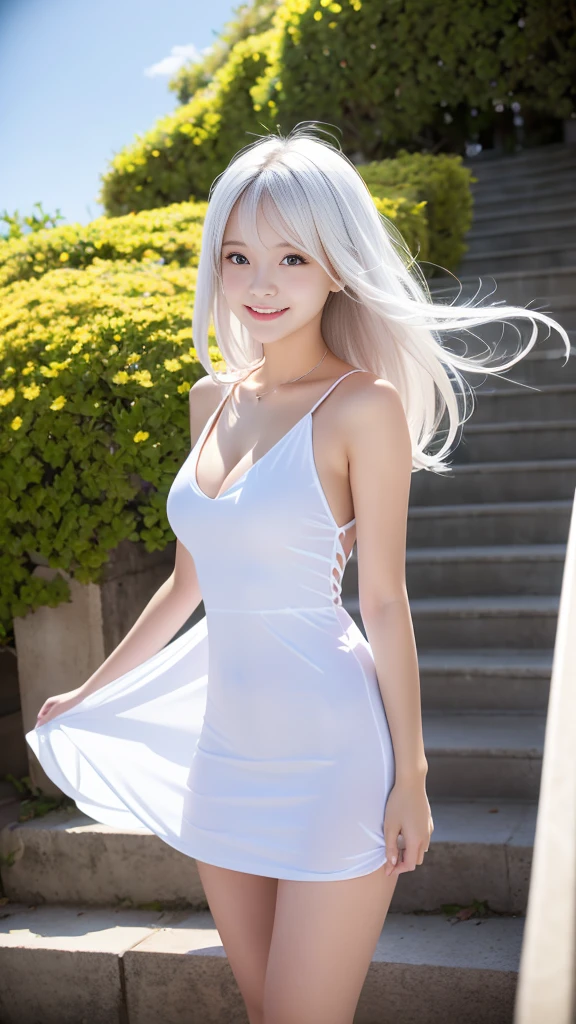 Some women have long white hair, A simple, thin one-piece dress worn by a beautiful girl, With slit, (Her skin is visible through her dress), Real life anime girls, , Baby Face, Sslender figure, Perfect white hair girl, Anime Girl Cosplay, Photorealistic Animation, Realistic anime 3D style, Realistic young anime girl, Ultra realistic anime, White Hair Girl, Photorealistic Animation girl render, Beautiful anime school girl, (Blooming Flowers々A fantastic and beautiful staircase background created by), (Detailed eyes and face:1.2, Professional photography techniques), Beautiful breasts, Cleavage, Slender body line, Small beautiful butt, Tight waist, (Sexy grin), ((Hair blowing in the wind:1.2, The dress flutters))
