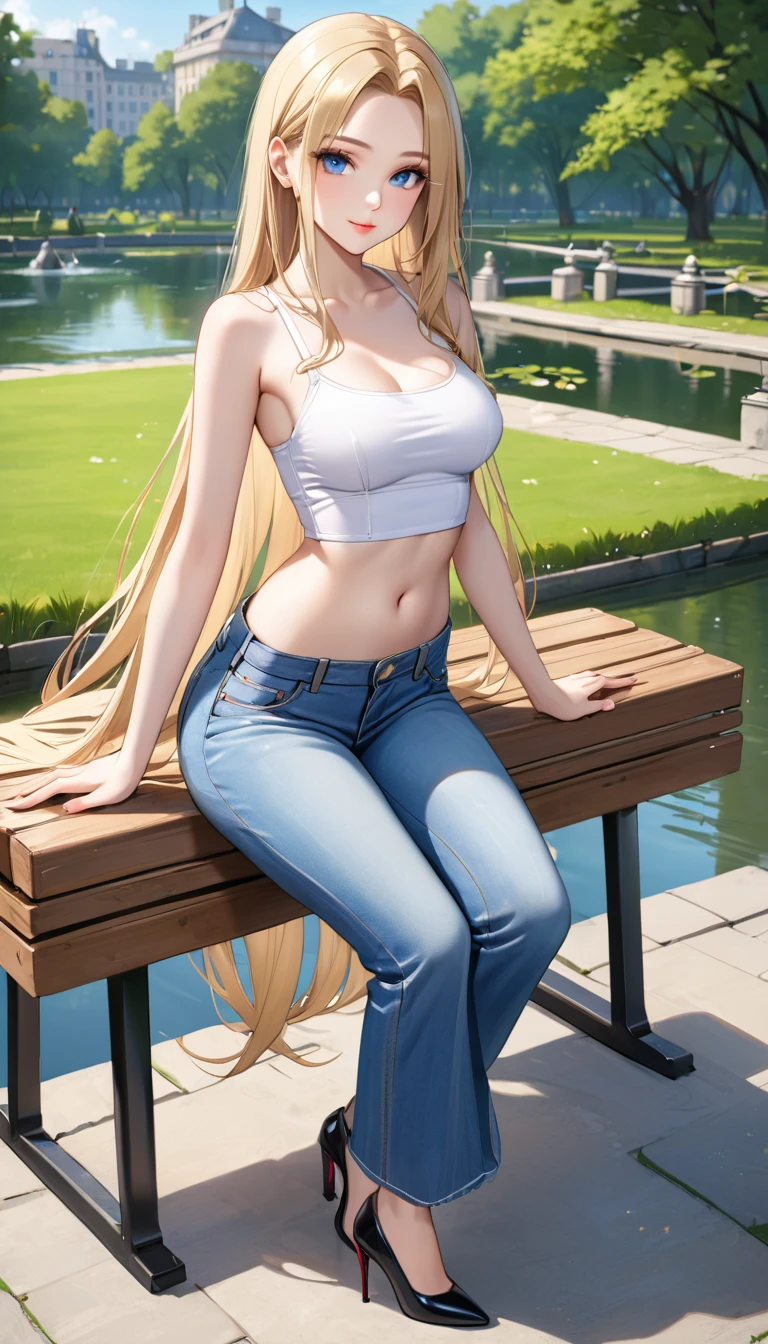 ((best quality, masterpiece:1.3, 8K)), (detailed), highly detailed face and skin texture, detailed eyes, sitting, (seductive pose:1.1), park, pond, bench, full body, (slender body:1.1), 1girl, 25 years old, white skin, blue eyes, bright lips, seductive smile, blonde hair, straight hair, very long hair, (forehead:1.0), white croptop, medium breast, hard nipples, navel, jeans pants, (flares jeans:1.2), light blue jeans, black heels,
