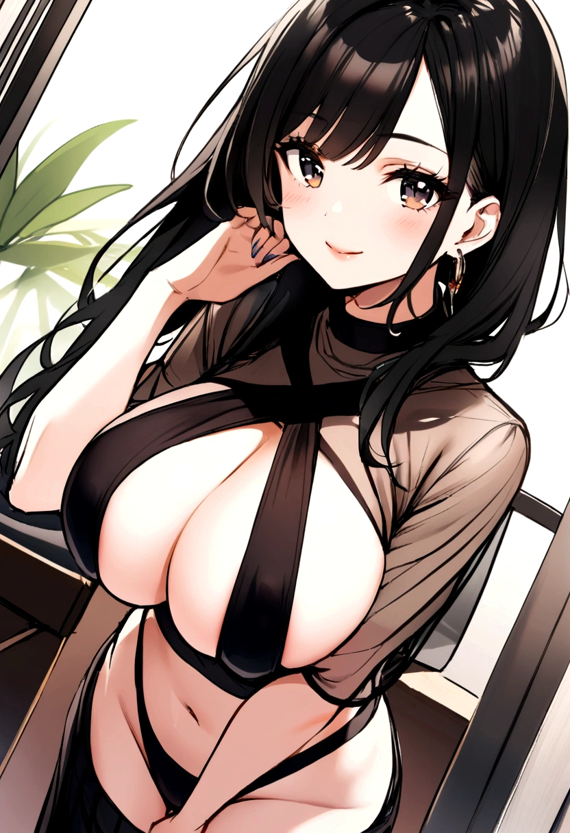 1 woman, soft smile, long black hair, big breasts