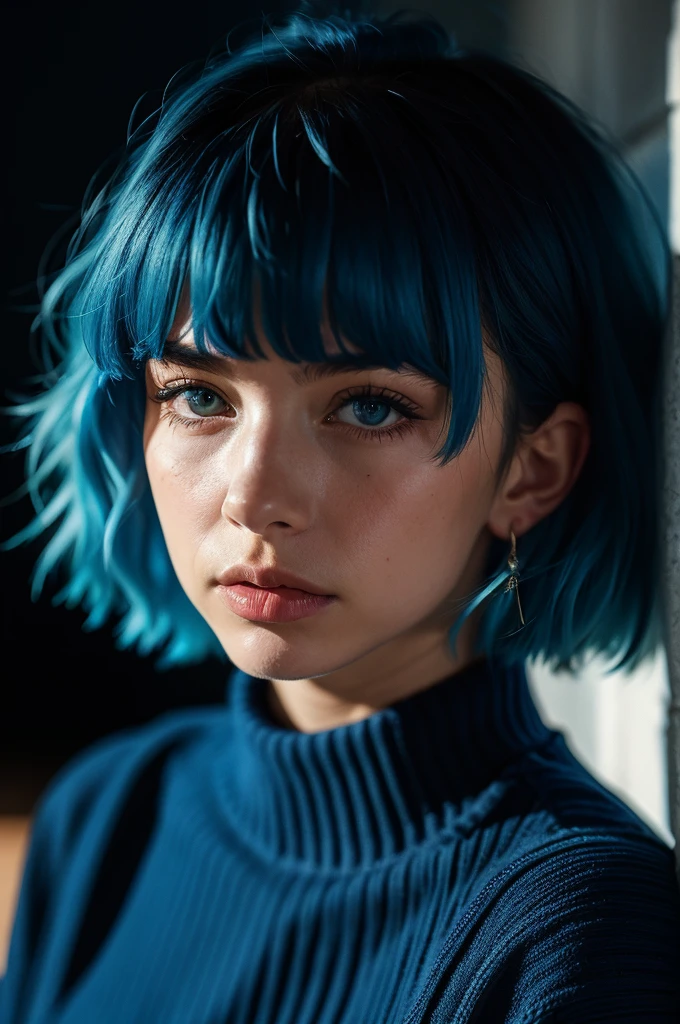 Instagram Photos, French woman, 21 years old, square hair cut,Blue hair, Close-up portrait, sweater, Neckline, pale, Sharp Shadow