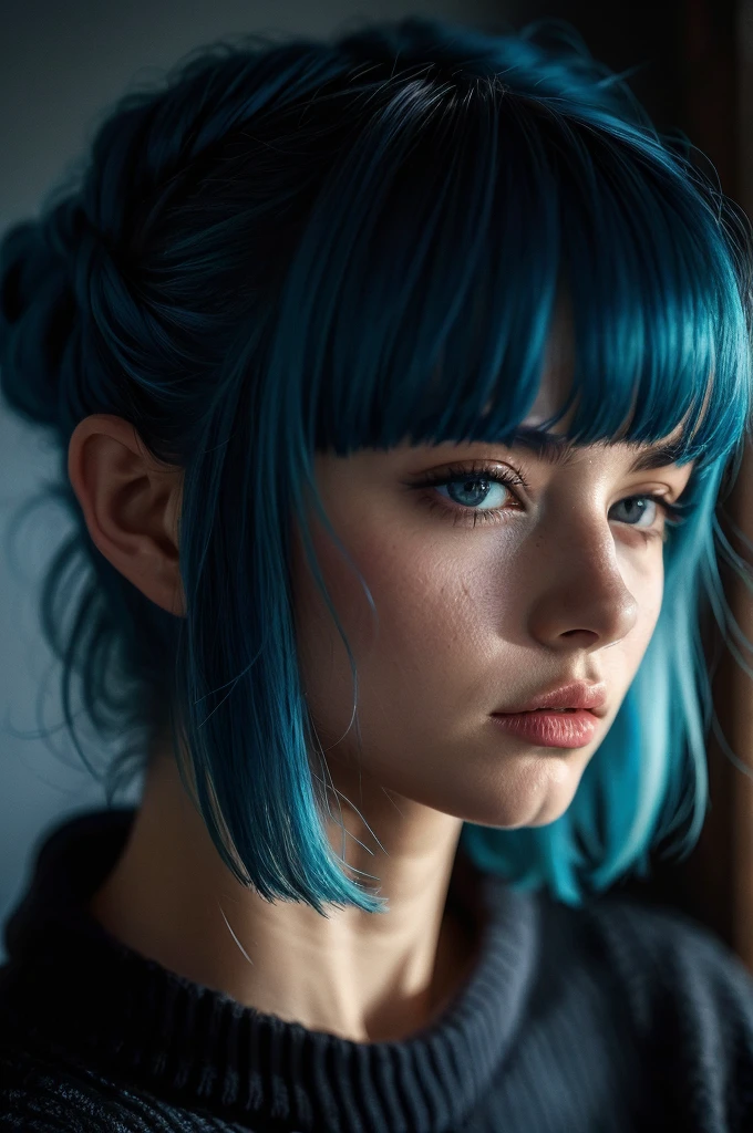 Instagram Photos, French woman, 21 years old, square hair cut,Blue hair, Close-up portrait, sweater, Neckline, pale, Sharp Shadow