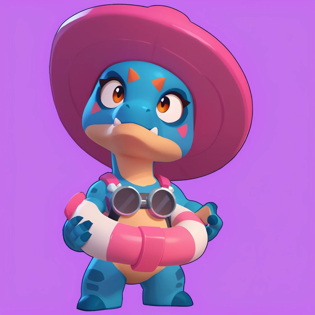 full view of a dinosaur, female, dark blue skin, friendly dinosaur, having a pink and white buoy, dinosaur animal, brawl, brawl stars