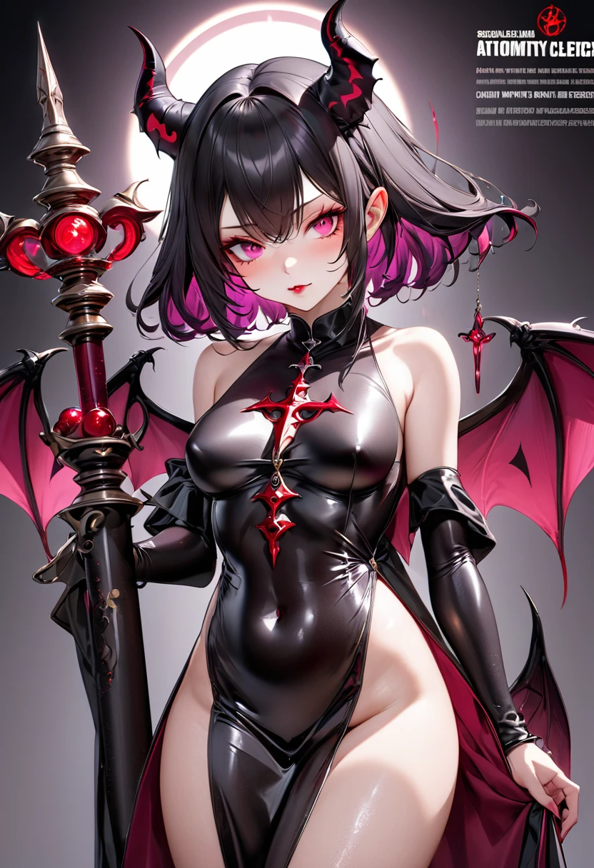 1 mature and seductive woman,(Detailed Description,Incredibly absurd,High resolution,8k wallpaper,masterpiece,Highest quality,Depth of region,Anatomically accurate depiction,A face with attention to detail, Eye for detail),(Glowing Skin,Shiny skin,Oilskin),((Succubus disguised as a priest)),(Solemn Clerical Garments,Staff,Devil's Wingsのアクセサリー),eyelash,(Luminous purple eyes,Eyes of Madness,There is cleavage in the chest,Bewitching Smile,Glossy lipstick,Seductive gestures),Sweat,(whole body),(background:A magnificent church with stained glass),Pink light,Devil's Wings