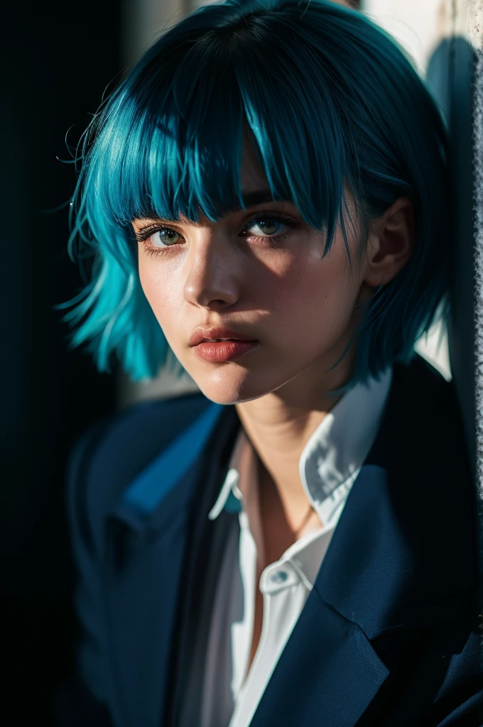 Instagram Photos, French woman, 21 years old, square hair cut,Blue hair, Close-up portrait, Jacket,shirt, Neckline, pale, Sharp Shadow