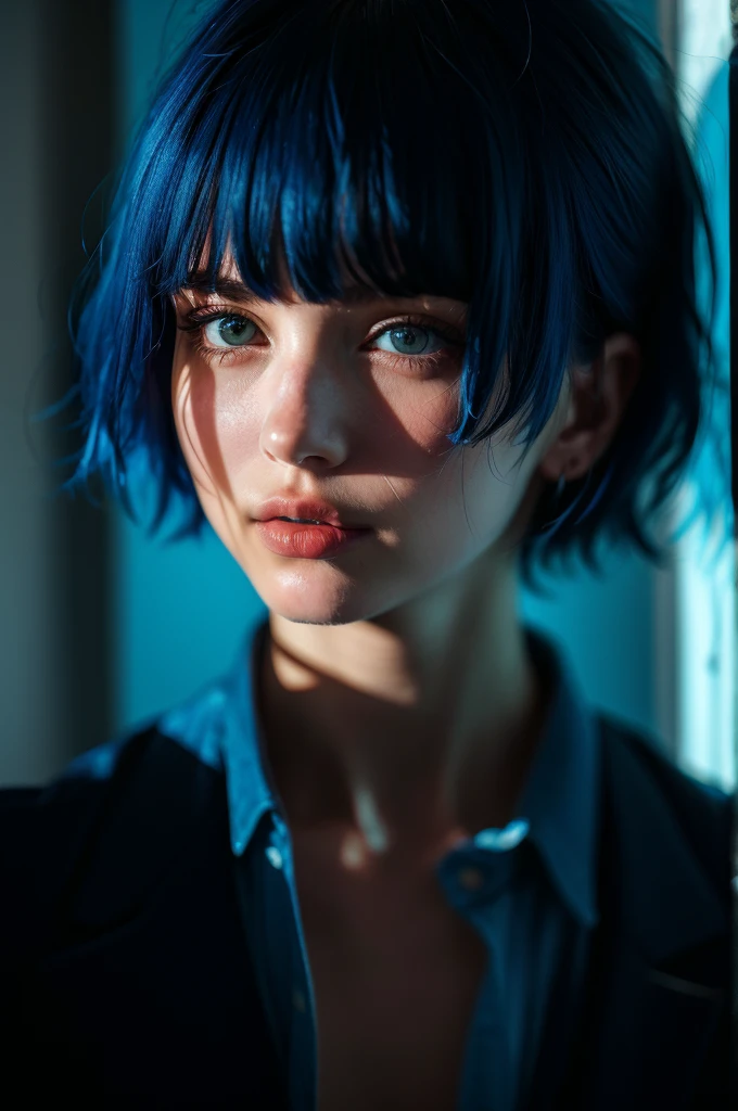 Instagram Photos, French woman, 21 years old, square hair cut,Blue hair, Close-up portrait, Jacket,shirt, Neckline, pale, Sharp Shadow