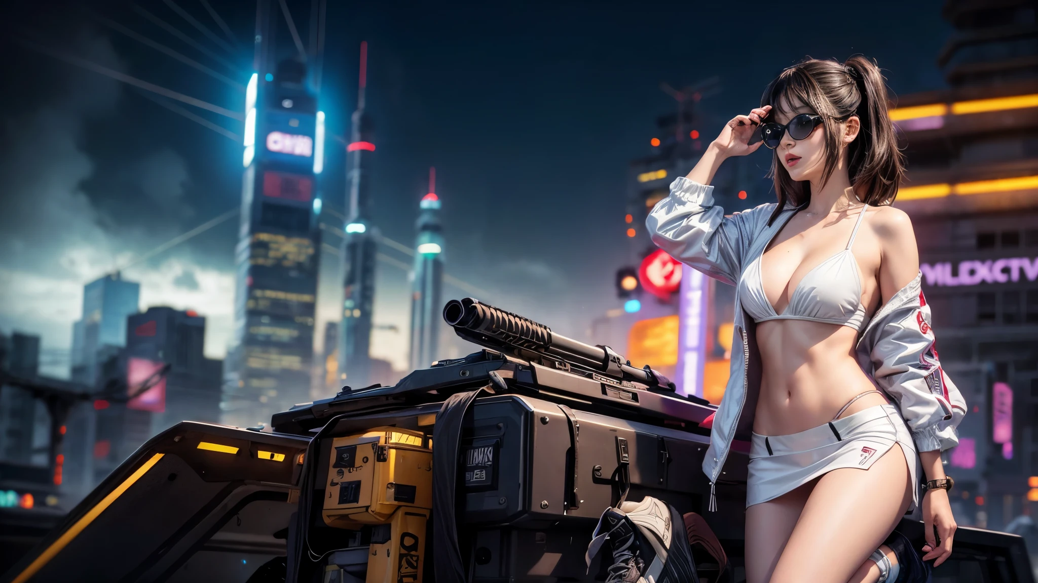 8k, Realistic Skin Texture, Realistic Photo, Neo Tokyo, slim Japanese women, large-breast:1.3 cleavage:1.2, AD2050 at night, Dirty hunting jacket, Wearing tube top, miniskirt, (((black sunglasses, automatic rifle, sneakers, cold, shooting pose, low angle view))), Innovative composition, revenge, cyberpunk, blade runner worldview, Large neon sign, Geisha hologram sign, Strong Wakamoto Sign.