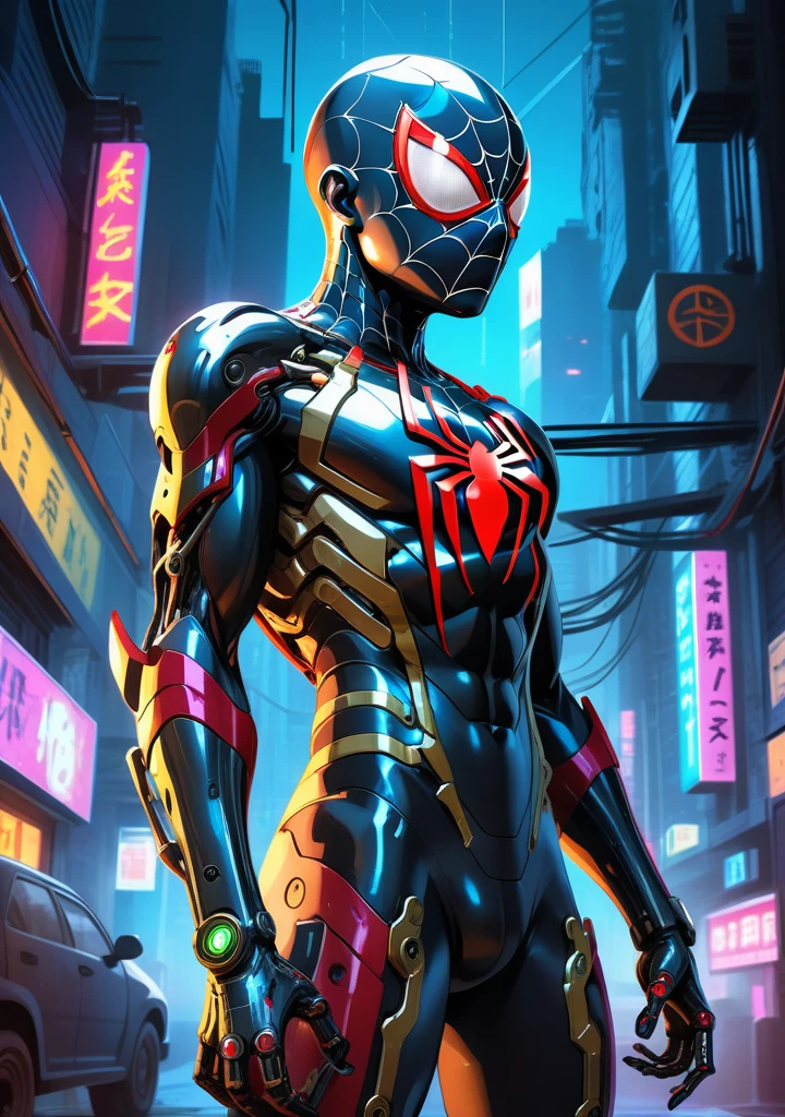 biomechanical cyberpunk horror-themed breathtaking concept art grunge style anime artwork cyborg style, (cartoon style), futuristic spiderman with blacklight makeup, male focus, solo, cyborg, science fiction, mechanical arms, glowing, energy core, 2077, masterpiece, best quality, highly detailed, sharp focus, dynamic lighting, vivid colors, texture detail, particle effects, storytelling elements, narrative flair, 16k, UE5, HDR, subject-background isolation . anime style, key visual, vibrant, studio anime, highly detailed . textured, distressed, vintage, edgy, punk rock vibe, dirty, noisy . digital artwork, illustrative, painterly, matte painting, highly detailed . award-winning, professional, highly detailed . eerie, unsettling, dark, spooky, suspenseful, grim, highly detailed . cybernetics, human-machine fusion, dystopian, organic meets artificial, dark, intricate, highly detailed