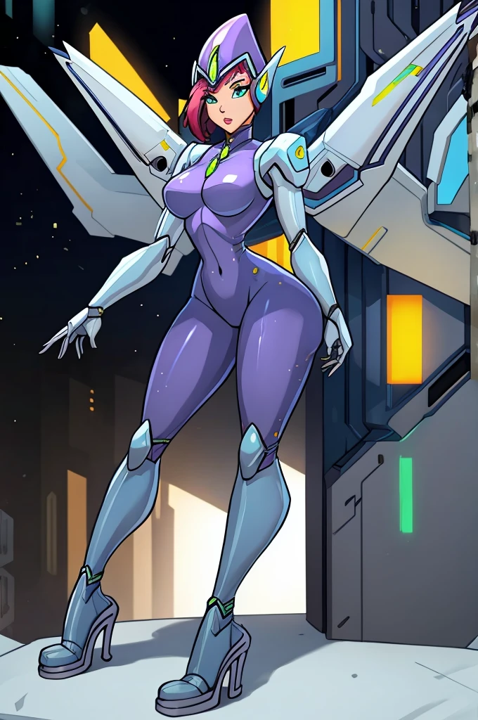 Girl wearing mecha cyber armor, technology bodysuit, smart lines in the costume, (Mechanized Valkyrie Girl), ), full body, high heels.