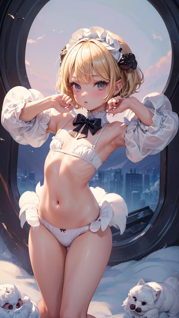 (masterpiece, highest quality, ultra high res, ultra detailed:1.3), 1 cute girl, ideal ratio body proportions, blonde short hair, black frilled mini skirt, puffy shoulders, bare arms, magic wand, (white cotton panties, 1 strange small animals:1.4), dynamic pose, night city,