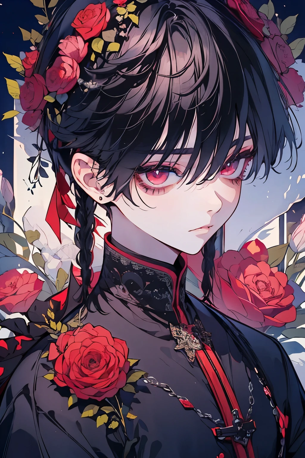 (Mastepiece), (Best Quality), Very detailed, 1 boy, Solo Shooting, Perfect Face, Beautiful Face, Very detailedな顔,(Black Hair:1.3),(short hair:1.4)、(Big eyes:1.4),(Long eyelashes:1.4)、(Red Eyes:1.3)、Black clothes、Lots of flowers、petal