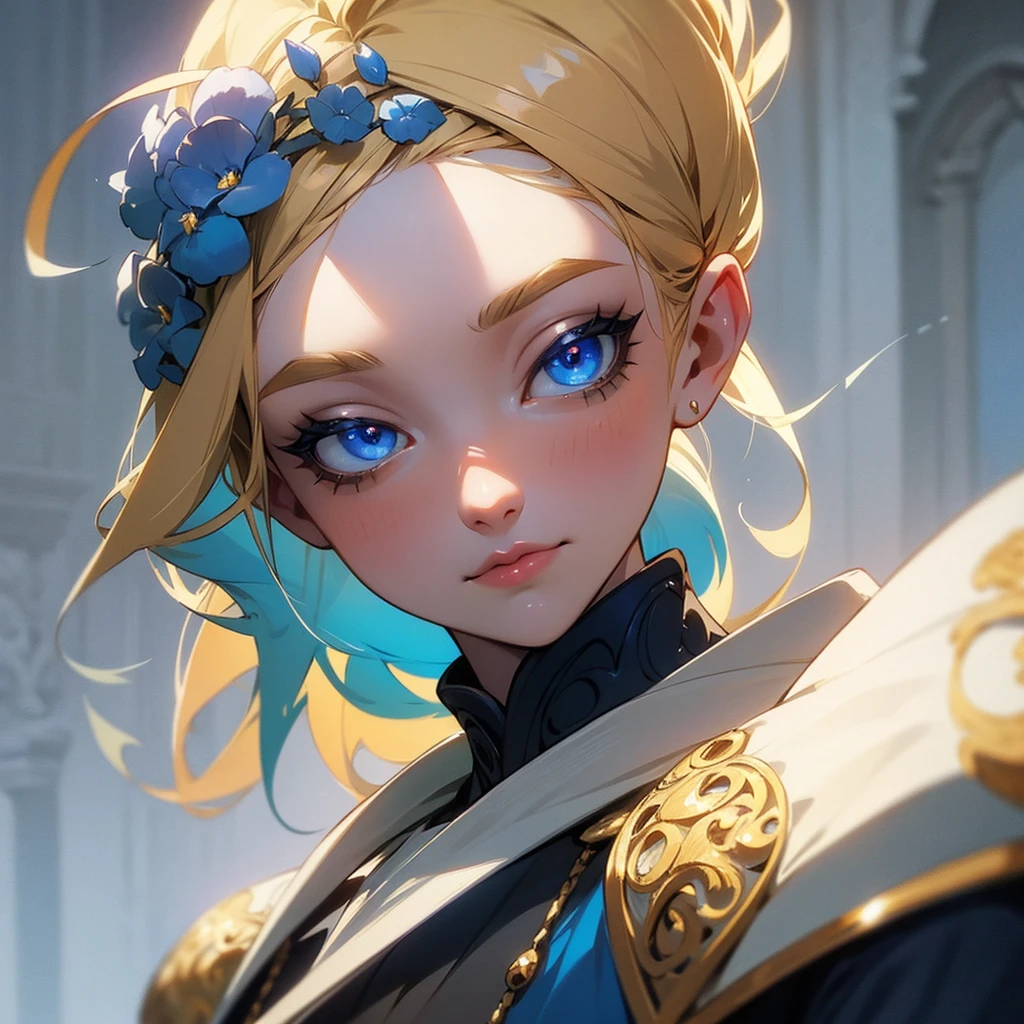 a beautiful blonde haired blue eyed woman, elegant and refined, wearing a medieval style blue dress, highly detailed face, detailed eyes, beautiful long eyelashes, intricate details, award winning digital art, cinematic lighting, dramatic colors, photorealistic, 8k, masterpiece