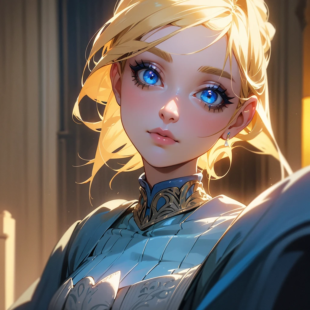 a beautiful blonde haired blue eyed woman, elegant and refined, wearing a medieval style blue dress, highly detailed face, detailed eyes, beautiful long eyelashes, intricate details, award winning digital art, cinematic lighting, dramatic colors, photorealistic, 8k, masterpiece