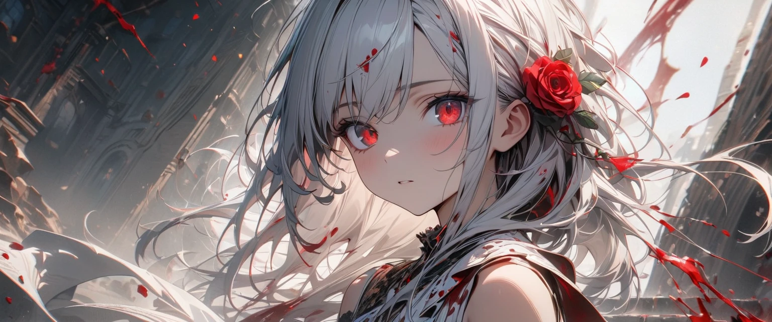 Young girl, long white hair, red eyes, rose in hair, , white dress, sleeveless,, blood, Masterpiece, best quality, Full HD, 8k, ultra details, great graphic, look viewer