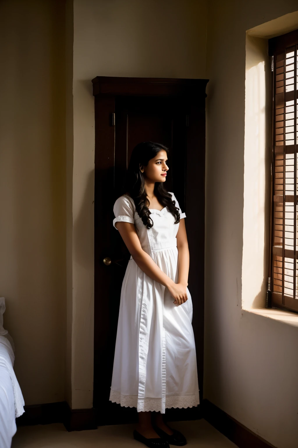 There is a girl in a maid outfit in the room，Indian girl，Tall，Amazing beauty，piece，Light and shadow fall on the girl&#39;s face，Wiping the table，The room was clean and tidy，Full of flowers，