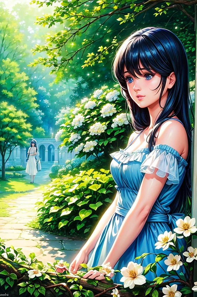 ((best ultra quality, high resolution))),sniper aiming straight at the girl like zooey deschanel,Beautiful detailed very light blue eyes., detailed lips, long eyelashes,girl in a garden,soft sunlight,half:oil painting,ultra detailed,realist,vivid colors,fantastic atmosphere,shadows and lights,Greenery and flowers,peaceful and serene,Masterpiece:1.2
