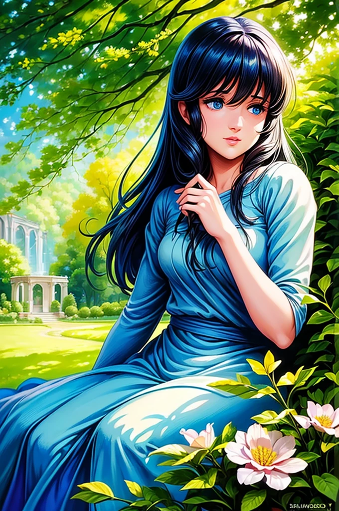 ((best ultra quality, high resolution))),sniper aiming straight at the girl like zooey deschanel,Beautiful detailed very light blue eyes., detailed lips, long eyelashes,girl in a garden,soft sunlight,half:oil painting,ultra detailed,realist,vivid colors,fantastic atmosphere,shadows and lights,Greenery and flowers,peaceful and serene,Masterpiece:1.2
