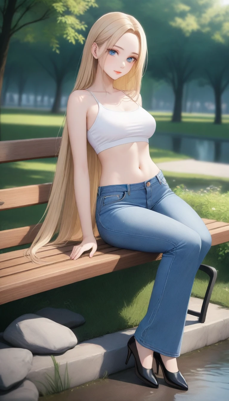 ((best quality, masterpiece:1.3, 8K)), (detailed), highly detailed face and skin texture, detailed eyes, sitting, (seductive pose:1.1), park, pond, bench, full body, (slender body:1.1), 1girl, 25 years old, white skin, blue eyes, bright lips, seductive smile, blonde hair, straight hair, very long hair, (forehead:1.0), white croptop, medium breast, hard nipples, navel, jeans pants, (flares jeans:1.2), light blue jeans, black heels,