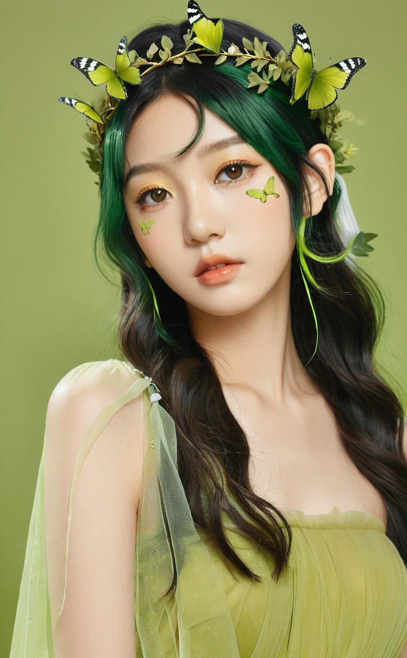 Realistic,Portrait of one girl of young Japanese idol,Upper Body,Dark green hair,indoor,View your audience,Simple Background,Release your lips,olive leaf tiara,Lime green Greek dress,Popular Korean makeup,photoRealistic,,A sheer yellow-green veil is draped over her shoulders.,Wavy Hair,Yellow-green butterflies flying in the background