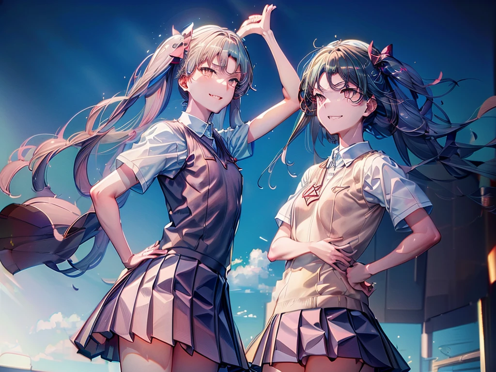 Kuroko Shirai, (Tokiwadai Junior High School Uniforms:1.5), Twin tails, Arms up, (masterpiece, Absurd quality, Highest quality, Official Art, beautifully、aesthetic:1.2), 16K, Very detailed, Most detailed, Sharp focus,), By famous artists, (Conversion Sequence), (difficult:1.8), (Simple blank background:2.0), Minimalism, sketch, (cowboy shot:1.5), (double exposure:1.5), kaleidoscopic, sketch, (floating hair:1.5), from below, (evil smile:1.5), Minimalism, (Silhouette:1.5), from front, crazy smile,