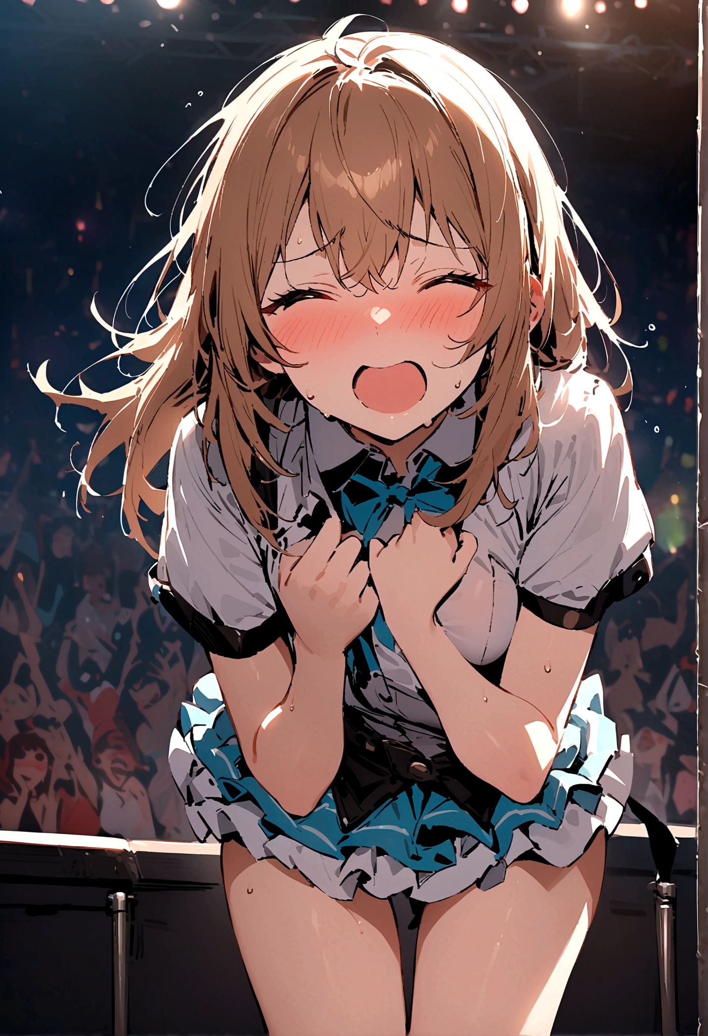 Highest quality,masterpiece,Unpopular idol,Taking off clothes on stage at a live music venue,Shy laugh,Desperation