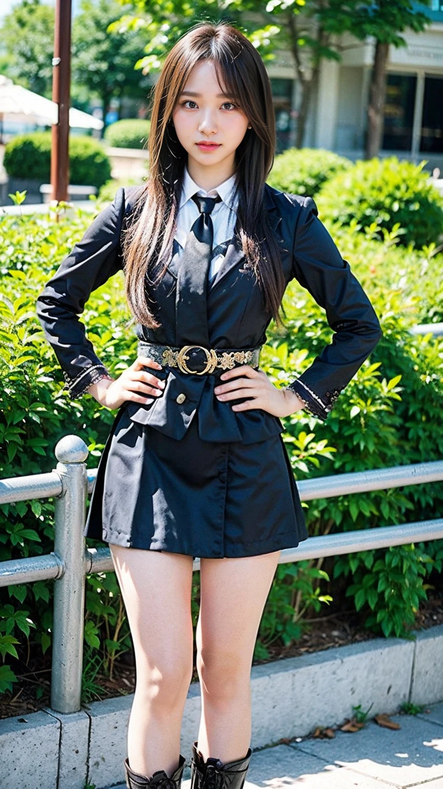 (8K、RAW Photos、Highest quality、masterpiece:1.2)、(Realistic、Realistic)、1 Girl、((Check mini skirt、tie、Medium Hair、black、Thin legs、whole body、boots、blackいコート、one piece、garden、View from the front、Looking into the camera、belt、Stand with hands on hips))、