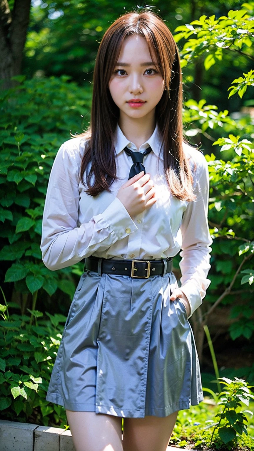 (8K、RAW Photos、Highest quality、masterpiece:1.2)、(Realistic、Realistic)、1 Girl、((Check mini skirt、tie、Medium Hair、black、Thin legs、whole body、boots、blackいコート、one piece、garden、View from the front、Looking into the camera、belt、Stand with hands on hips))、