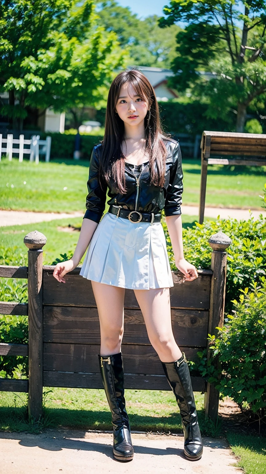 (8K、RAW Photos、Highest quality、masterpiece:1.2)、(Realistic、Realistic)、1 Girl、((Check mini skirt、tie、Medium Hair、black、Thin legs、whole body、boots、blackいコート、one piece、garden、View from the front、Looking into the camera、belt、Stand with hands on hips))、