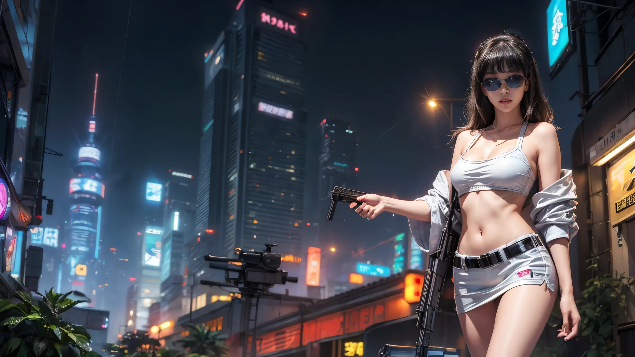 8k, Realistic Skin Texture, Realistic Photo, Neo Tokyo, slim Japanese women, large-breast:1.3 cleavage:1.2, AD2050 at night, Dirty hunting jacket, Wearing tube top, miniskirt, (((black sunglasses, automatic rifle, sneakers, cold, shooting pose, low angle view))), Innovative composition, revenge, cyberpunk, blade runner worldview, Large neon sign, Geisha hologram sign, Strong Wakamoto Sign.
