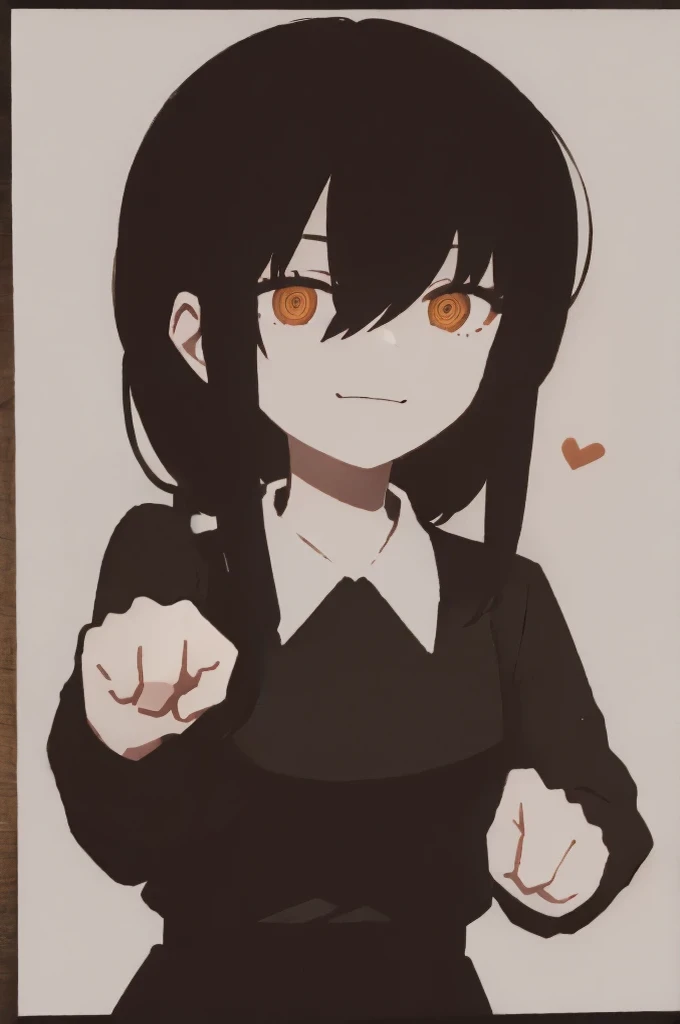 1 girl, alone, Nayuta (chainsaw man), black hair, x hair ornament, long hair, hair ornament, orange eyes, looking at viewer, long sleeves, dress, uniform, smile, ribbon hair, closed mouth, black shirt, hair between eyes, traditional media, closed fist (pointing middle finger)