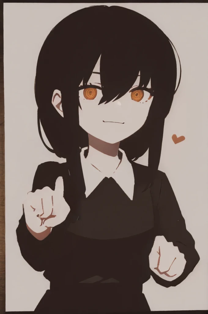 1 girl, alone, Nayuta (chainsaw man), black hair, x hair ornament, long hair, hair ornament, orange eyes, looking at viewer, long sleeves, dress, uniform, smile, ribbon hair, closed mouth, black shirt, hair between eyes, traditional media, closed fist (pointing middle finger)