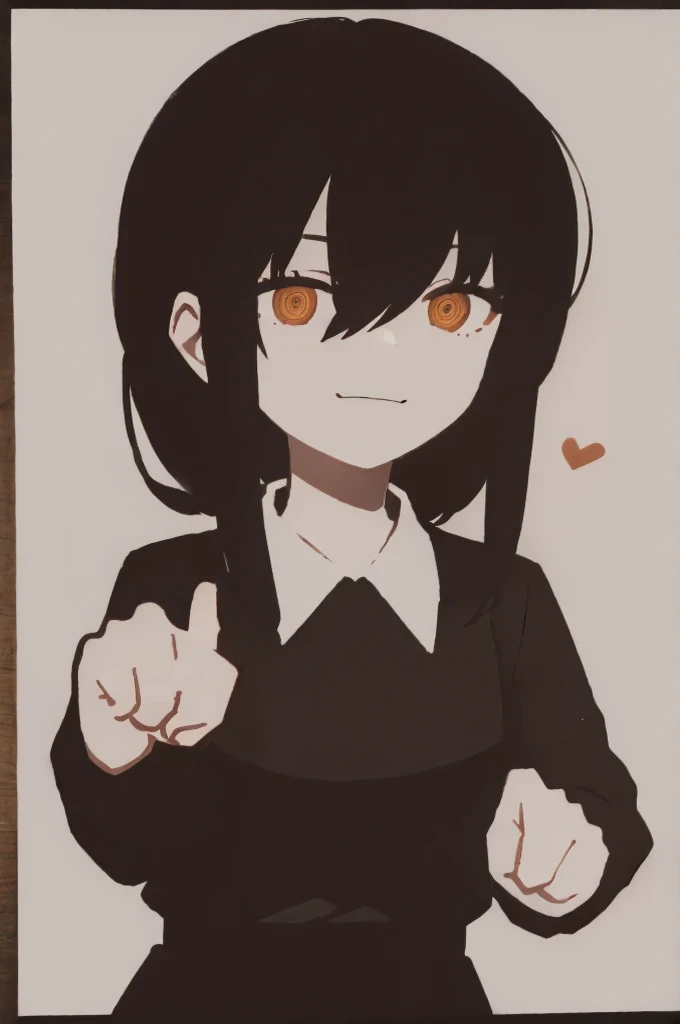 1 girl, alone, Nayuta (chainsaw man), black hair, x hair ornament, long hair, hair ornament, orange eyes, looking at viewer, long sleeves, dress, uniform, smile, ribbon hair, closed mouth, black shirt, hair between eyes, traditional media, closed fist (pointing middle finger)
