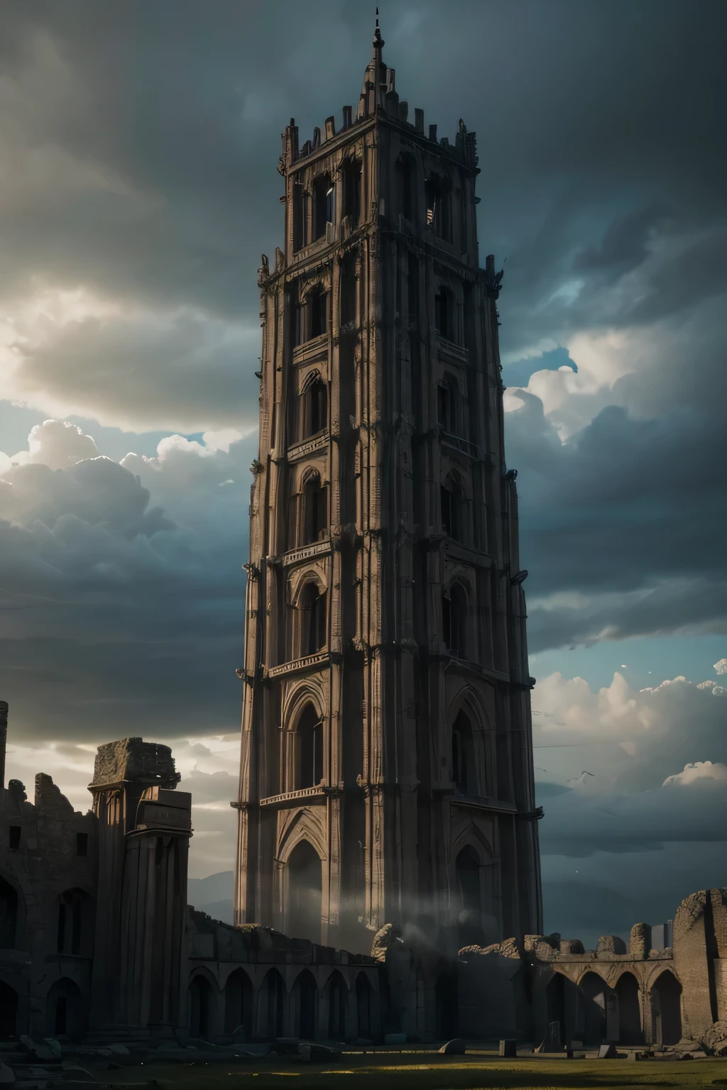 a massive unfinished tower, people scattered around the base, ancient ruins, dramatic cloudy sky, divine light shining through the clouds, complex architectural details, crumbling stone walls, intricate stone carvings, weathered textures, muted color palette, moody atmosphere, dramatic chiaroscuro lighting, cinematic composition, epic scale, masterpiece,8k, hyper detailed,photorealistic,concept art