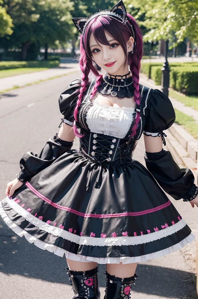 sexy stylish female model, only 1 female, ((doll-like appearance)), long dramatic stylish hair, ((shiny Punk-Style boots)), (smiling face), ultra detailed eyes, long lashes, eyeliner, ultra detailed eye-shadow, lip-gloss, ((sexy Punk ta cosplay)), unconventional skirt, petticoats, high neckline, ((ultra detailed lace)), ((ultra detailed embroidery)), intricate details, tartan patterns, Punk Loliccessoires, Punk Lolita cr, ((large sparkling Punk Lolita jewel, cinematic light, detailed large park background with trees