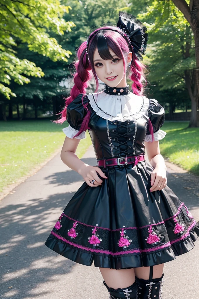 sexy stylish female model, only 1 female, ((doll-like appearance)), long dramatic stylish hair, ((shiny Punk-Style boots)), (smiling face), ultra detailed eyes, long lashes, eyeliner, ultra detailed eye-shadow, lip-gloss, ((sexy Punk Lolita cosplay)), unconventional skirt, petticoats, high neckline, ((ultra detailed lace)), ((ultra detailed embroidery)), intricate details, tartan patterns, Punk Lolita accessoires, Punk Lolita choker, ((large sparkling Punk Lolita jewelry)), cinematic light, detailed large park background with trees