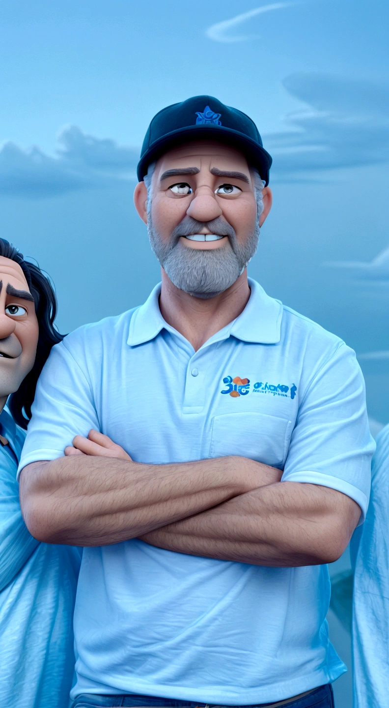 a 3d disney style character that looks like the man in the photo. a man aged 40 - 50, baldie, with gray beard
