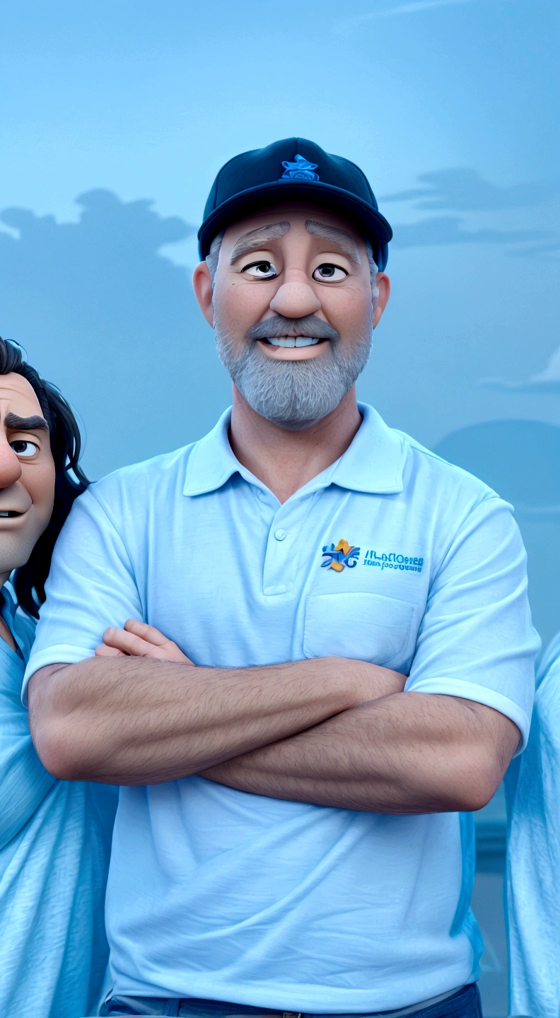 a 3d disney style character that looks like the man in the photo. a man aged 40 - 50, baldie, with gray beard