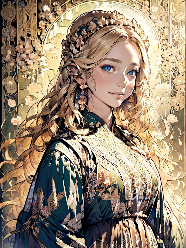 Forest Fairy、The wind and petals fly from my scooping hands.、woman、smile、Long ears、Floral Dress、Race、Gorgeous Accessories、in the forest、wood々The sunlight shines in、Close up of upper body from below、delicate、colorful、